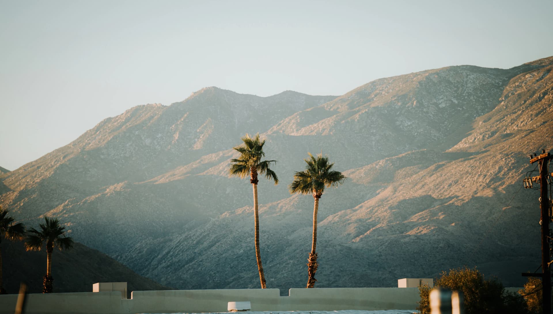 Two tall palm trees in front of a sunlit desert mountain range under a hazy sky