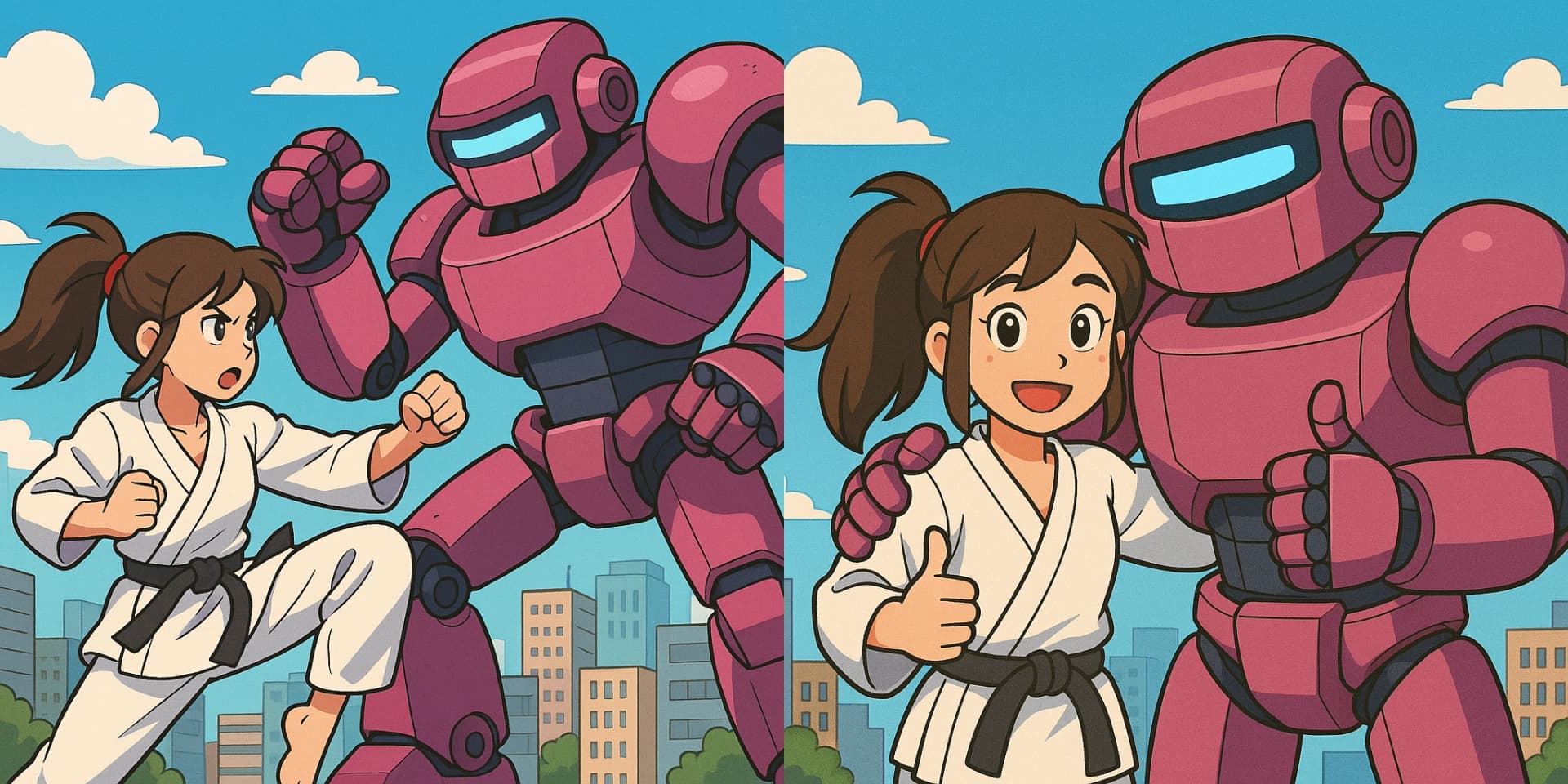 Two-panel cartoon of a girl in a karate gi and black belt fighting a giant magenta robot, then posing with it as friends giving a thumbs up